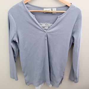 Y2K Fashion Bug Ribbed Henley Top w Lace Cami Blue Plus Size 14/16W